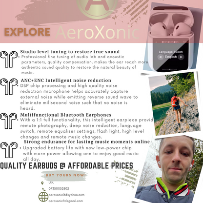 AeroXonic A2 PRO Wireless Earbud, 5.4 Bluetooth, IPX5, Smart Touch Screen
