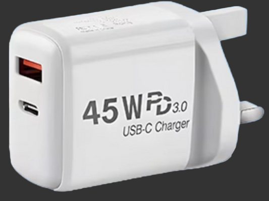 AeroXonic 45W Super Fast Charging, High Quality UK Charger, Dual USB-C & USB-A Wall Adapter for iPhones, Samsung, Smart phones, Tablets and Laptops